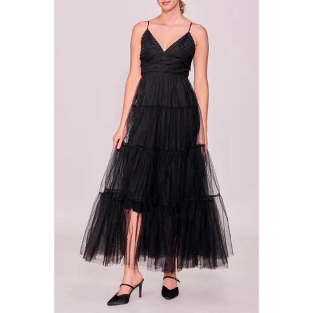 Melloday Black Tulle Tiered Maxi Dress V-Neck Spaghetti Strap XS‎ CKDY254012-NF